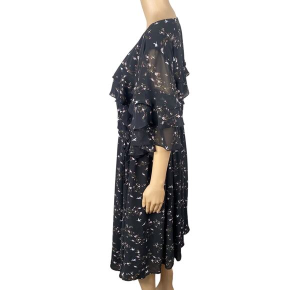 Torrid NWT Black Floral Bird Chiffon Ruffle Faux Wrap Dress SZ 4X - Picture 11 of 15